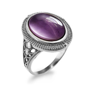 Sterling Silver Filigree Band Amethyst Oval Gemstone Ring