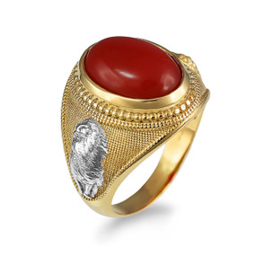 Solid Gold Lion Band Red Onyx Oval Cabochon Gemstone Ring