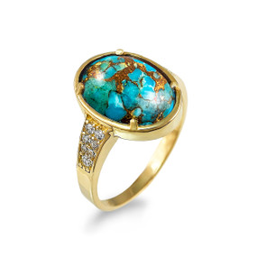 Gold CZ Band Blue Copper Turquoise Oval Cabochon Gemstone Ring