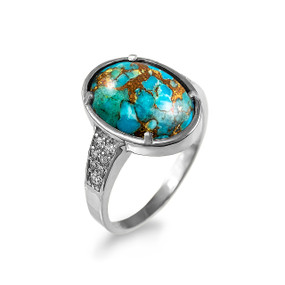 Sterling Silver CZ Band Blue Copper Turquoise Cabochon Gemstone Ring