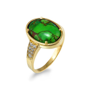 Gold CZ Band Green Copper Turquoise Oval Cabochon Gemstone Ring