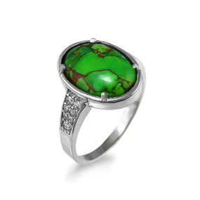 Sterling Silver CZ Band Green Copper Turquoise Cabochon Gemstone Ring