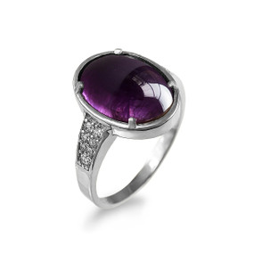 Sterling Silver CZ Band Purple Amethyst Cabochon Gemstone Ring