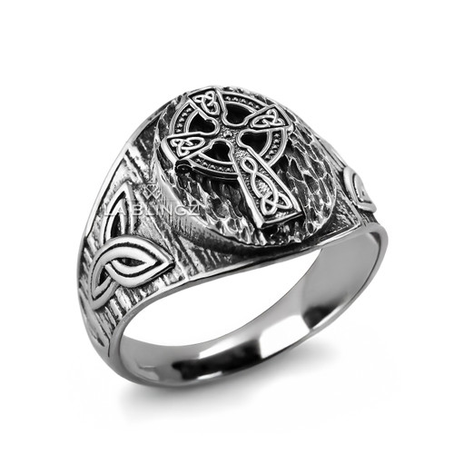 Sterling Silver Celtic Cross Trinity Knot Signet Ring Hammered Oval Design