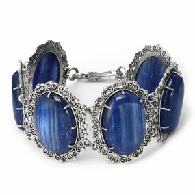 Sterling Silver Kyanite Bracelet Oval Cabochon Scroll Link Design