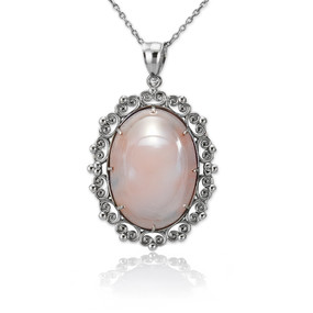 Sterling Silver Morganite Pendant Necklace Oval Cabochon Scroll Frame