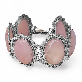 Sterling Silver Morganite Bracelet Oval Cabochon Scroll Link Design