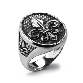 Oxidized Sterling Silver Fleur-de-Lis Oval Signet Ring for Men
