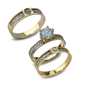 10K Two-Tone Solid Gold Greek Key 3pc CZ Wedding Ring Set – Bridal Collection
