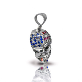 Sterling Silver Skull 3D Pendant With USA Flag CZ Colors Patriotic Design