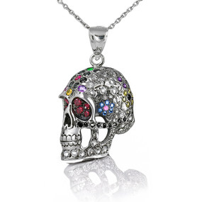 Sterling Silver Sugar Skull Pendant Multicolor CZ Stones Unisex Necklace
