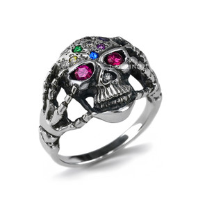 Oxidized Sterling Silver Skull CZ Ring | Skeleton Hands Red Eyes Multicolor CZ Stones