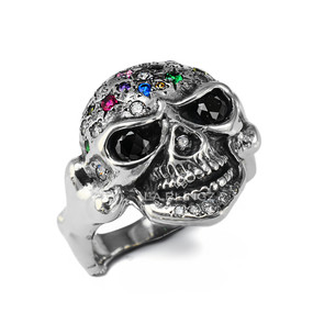 Oxidized Sterling Silver Gothic Bone Band Skull Ring with Black Eyes and Multicolor CZ Unisex