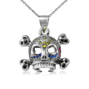 Sterling Silver 3D Skull and Crossbones Pendant | Gothic Sugar Skull with Multicolor CZ Floral Accents