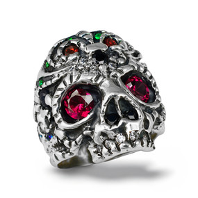 Sterling Silver Sugar Skull Statement Ring | Gothic Oxidized Red CZ Eyes Multicolor Stones