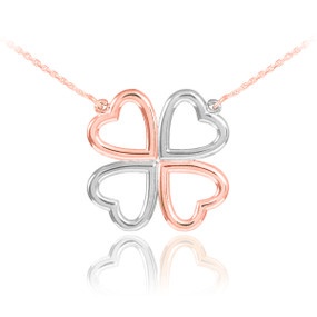 Four-leaf clover necklace in 14k rose and white gold.