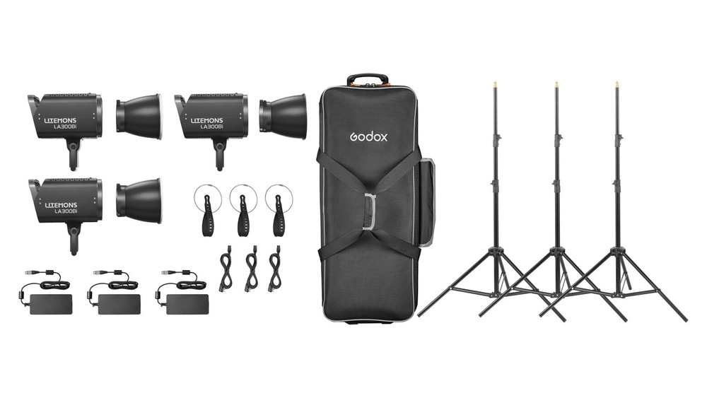 Godox Litemons LA300Bi Bi-Color LED Light 3-Light Kit with Stands (Black Edition)