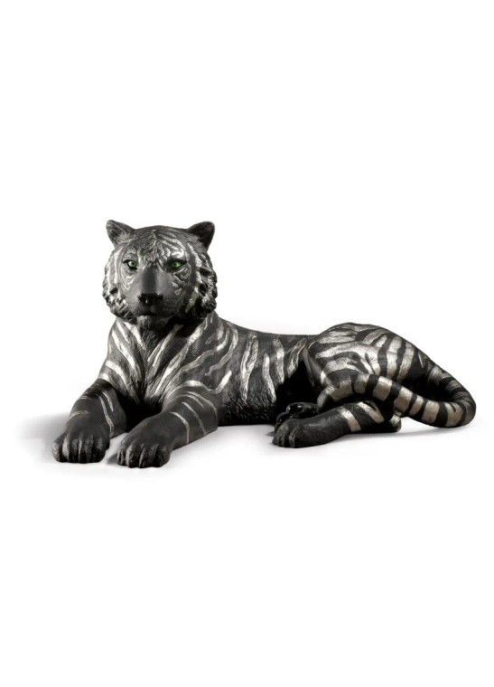 Tiger Figurine. Silver Lustre and Black