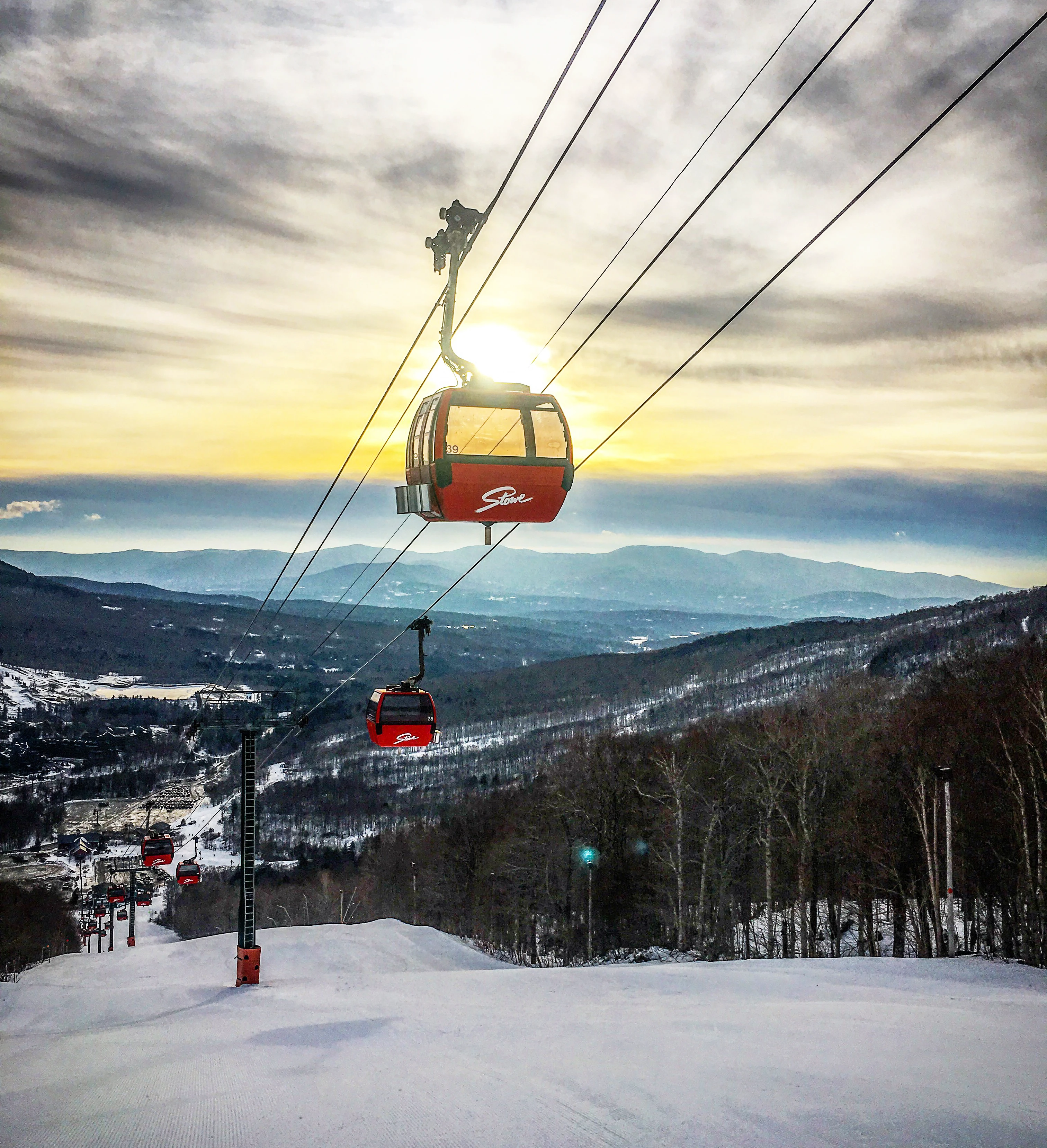 Stowe Vermont gondola and winter mountain scenery