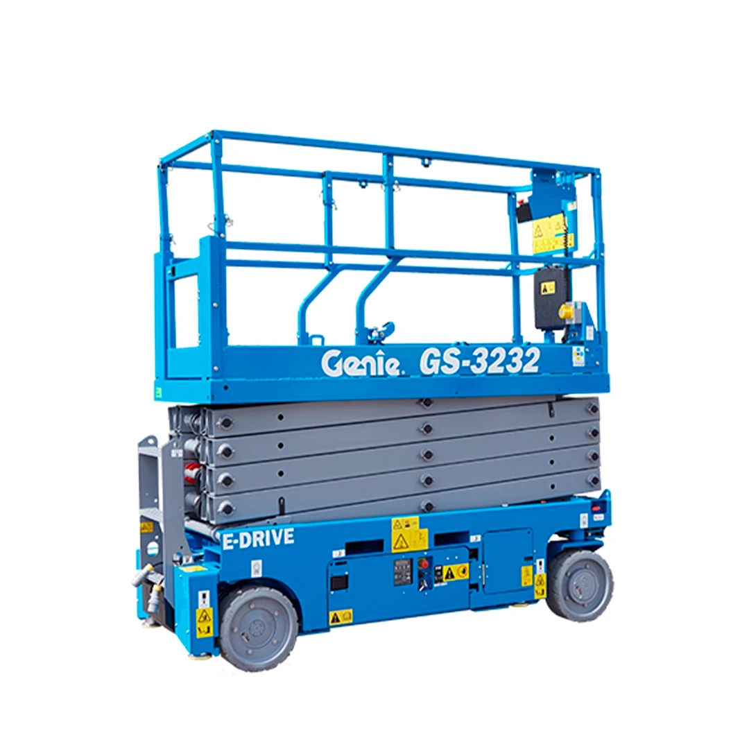 Plataforma de tijera eléctrica Genie GS 3232 compacta en posición de almacenamiento