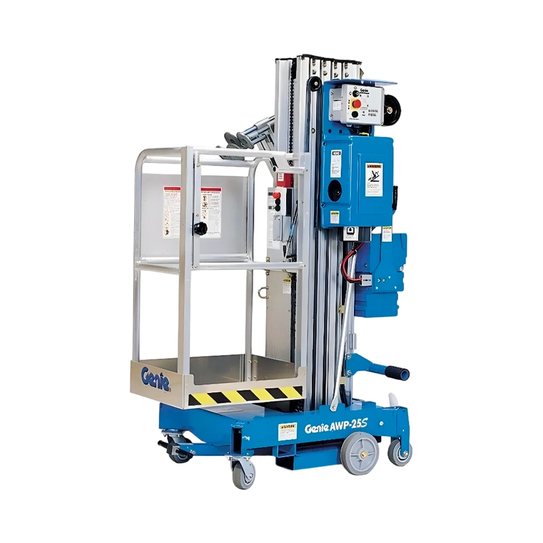 Elevador unipersonal Genie AWP 40S en posición compacta con estabilizadores
