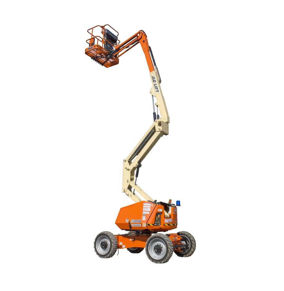 Elevador articulado híbrido JLG H340AJ extendido a máxima altura de trabajo