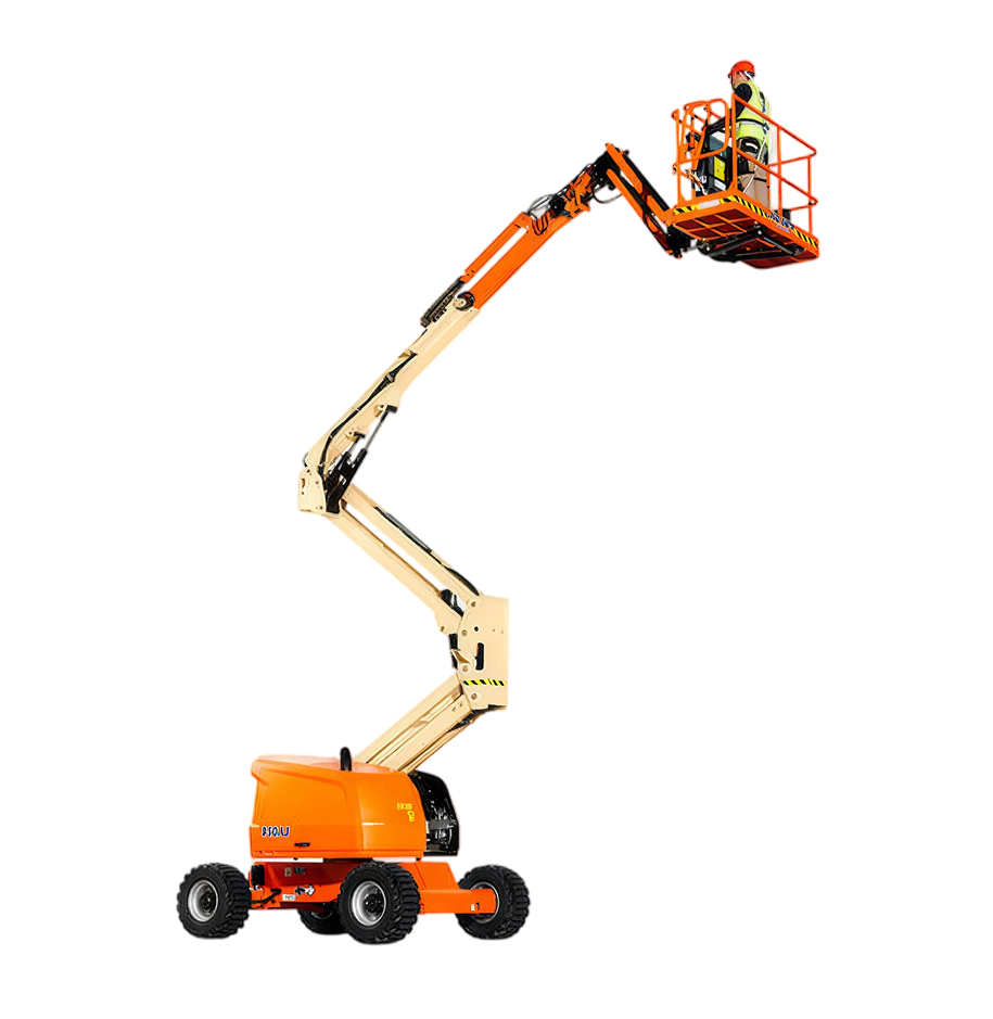 Elevador articulado JLG 450AJ diésel desplegado en altura para obra