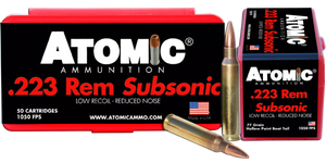 Atomic Ammunition 00429 Rifle Subsonic 223 Rem 77 gr Hollow Point Boat Tail 50 Per Box/ 10 Case Atomic Ammunition 00429 Rifle Subsonic 223 Rem 77 gr Hollow Point Boat Tail 50 Per Box/ 10 Case