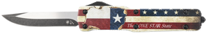 Templar Knife MZTX321 Premium Weighted Texan Slim 3.16" OTF Drop Point Plain Black Oxide Stonewashed D2 Steel Blade, 4.93" Red/White/Blue w/"The LONE STAR State" Aluminum Zinc Alloy Handle Templar Knife MZTX321 Premium Weighted Texan Slim 3.16" OTF Drop Point Plain Black Oxide Stonewashed D2 Steel Blade, 4.93" Red/White/Blue w/"The LONE STAR State" Aluminum Zinc Alloy Handle
