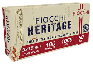 Fiocchi 9X18 Heritage 9x18mmUltra 100gr Full Metal Jacket Truncated Cone 50 Per Box/20 Case Fiocchi 9X18 Heritage 9x18mmUltra 100gr Full Metal Jacket Truncated Cone 50 Per Box/20 Case