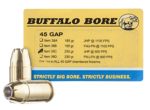 Buffalo Bore Ammunition 38C20 Personal Defense Strictly Business 45GAP 230gr Jacket Hollow Point 20 Per Box/12 Case Buffalo Bore Ammunition 38C20 Personal Defense Strictly Business 45GAP 230gr Jacket Hollow Point 20 Per Box/12 Case