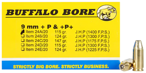 Buffalo Bore Ammunition 24A20 Personal Defense Strictly Business 9mmLuger +P+ 115gr Jacket Hollow Point 20 Per Box/12 Case Buffalo Bore Ammunition 24A20 Personal Defense Strictly Business 9mmLuger +P+ 115gr Jacket Hollow Point 20 Per Box/12 Case