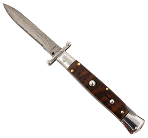 Steel River Knives SGSWRDAM Spartan 3.9" Italian Bayonet Damascus 5.1" Snakewood Buffalo Horn Handle Side Open Steel River Knives SGSWRDAM Spartan 3.9" Italian Bayonet Damascus 5.1" Snakewood Buffalo Horn Handle Side Open
