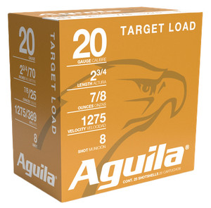 AGUILA TARGET LOAD 20 GAUGE 2 3/4" 8 SHOT 25 ROUND BOX AGUILA TARGET LOAD 20 GAUGE 2 3/4" 8 SHOT 25 ROUND BOX