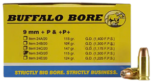 Buffalo Bore Ammunition 24D20 Personal Defense Strictly Business 9mmLuger +P 115gr Jacket Hollow Point 20 Per Box/12 Case Buffalo Bore Ammunition 24D20 Personal Defense Strictly Business 9mmLuger +P 115gr Jacket Hollow Point 20 Per Box/12 Case