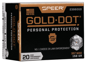 Speer 23960GD Gold Dot Personal Protection 357Mag 158gr Hollow Point 20 Per Box/10 Case Speer 23960GD Gold Dot Personal Protection 357Mag 158gr Hollow Point 20 Per Box/10 Case