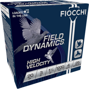 Fiocchi 203HV4 Field Dynamics High Velocity 20Gauge 3" 1 1/4oz 4Shot 25 Per Box/10 Case Fiocchi 203HV4 Field Dynamics High Velocity 20Gauge 3" 1 1/4oz 4Shot 25 Per Box/10 Case