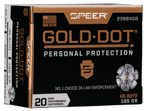 Speer 23964GD Gold Dot Personal Protection 45ACP 185gr Hollow Point 20 Per Box/10 Case Speer 23964GD Gold Dot Personal Protection 45ACP 185gr Hollow Point 20 Per Box/10 Case