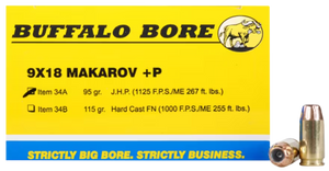 Buffalo Bore Ammunition 34A20 Personal Defense Strictly Business 9x18Makarov +P 95gr Jacket Hollow Point 20 Per Box/12 Case Buffalo Bore Ammunition 34A20 Personal Defense Strictly Business 9x18Makarov +P 95gr Jacket Hollow Point 20 Per Box/12 Case