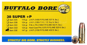 Buffalo Bore Ammunition 33E20 Personal Defense Strictly Business 38Super +P 147gr Jacket Hollow Point 20 Per Box/12 Case Buffalo Bore Ammunition 33E20 Personal Defense Strictly Business 38Super +P 147gr Jacket Hollow Point 20 Per Box/12 Case