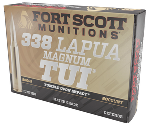 Fort Scott Munitions 338250SBV1 Tumble Upon Impact (TUI) Rifle 338LapuaMag 250gr Solid Copper Spun 20 Per Box/5 Case Fort Scott Munitions 338250SBV1 Tumble Upon Impact (TUI) Rifle 338LapuaMag 250gr Solid Copper Spun 20 Per Box/5 Case