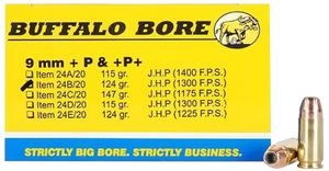Buffalo Bore Ammunition 24B20 Personal Defense Strictly Business 9mmLuger +P+ 124gr Jacket Hollow Point 20 Per Box/12 Case Buffalo Bore Ammunition 24B20 Personal Defense Strictly Business 9mmLuger +P+ 124gr Jacket Hollow Point 20 Per Box/12 Case