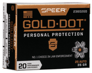 Speer 23602GD Gold Dot Personal Protection 25ACP 35gr Hollow Point 20 Per Box/10 Case Speer 23602GD Gold Dot Personal Protection 25ACP 35gr Hollow Point 20 Per Box/10 Case
