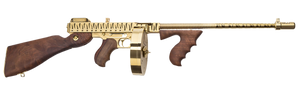 Thompson T150DTGTS 1927A-1 Deluxe 45 ACP Caliber with 16.50" Barrel, 20+1 Capacity (Stick), 50+1 Capacity (Drum), Gold w/Tiger Stripe Metal Finish, American Walnut Stock Wood Grip Right Hand Thompson T150DTGTS 1927A-1 Deluxe 45 ACP Caliber with 16.50" Barrel, 20+1 Capacity (Stick), 50+1 Capacity (Drum), Gold w/Tiger Stripe Metal Finish, American Walnut Stock Wood Grip Right Hand