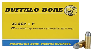 Buffalo Bore Ammunition 30A20 Personal Defense Strictly Business 32ACP +P 75gr Hard Cast Flat Nose 20 Per Box/12 Case Buffalo Bore Ammunition 30A20 Personal Defense Strictly Business 32ACP +P 75gr Hard Cast Flat Nose 20 Per Box/12 Case