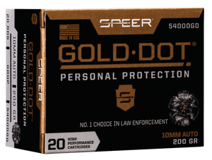 Speer 54000GD Gold Dot Personal Protection 10mmAuto 200gr Hollow Point 20 Per Box/10 Case Speer 54000GD Gold Dot Personal Protection 10mmAuto 200gr Hollow Point 20 Per Box/10 Case