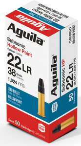 AGUILA SUBSONIC 22LR 38GR. HP 50 ROUND BOX AGUILA SUBSONIC 22LR 38GR. HP 50 ROUND BOX