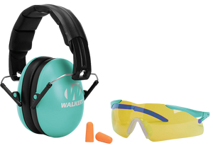 Walker's GWPYWFM2GFPLTL Folding Muff Combo 23 dB Over the Head Folding Muff, Foam Ear Plugs, Shooting Glasses Black/Teal Polymer Fits Youth/Women Walker's GWPYWFM2GFPLTL Folding Muff Combo 23 dB Over the Head Folding Muff, Foam Ear Plugs, Shooting Glasses Black/Teal Polymer Fits Youth/Women