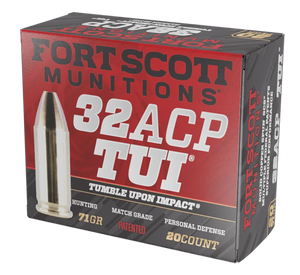 Fort Scott Munitions 32ACP71SCV Tumble Upon Impact (TUI) 32ACP 71gr Solid Copper Spun 20 Per Box/25 Case Fort Scott Munitions 32ACP71SCV Tumble Upon Impact (TUI) 32ACP 71gr Solid Copper Spun 20 Per Box/25 Case