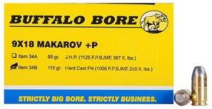 Buffalo Bore Ammunition 34B20 Personal Defense Strictly Business 9x18Makarov +P 115gr Hard Cast Flat Nose 20 Per Box/12 Case Buffalo Bore Ammunition 34B20 Personal Defense Strictly Business 9x18Makarov +P 115gr Hard Cast Flat Nose 20 Per Box/12 Case